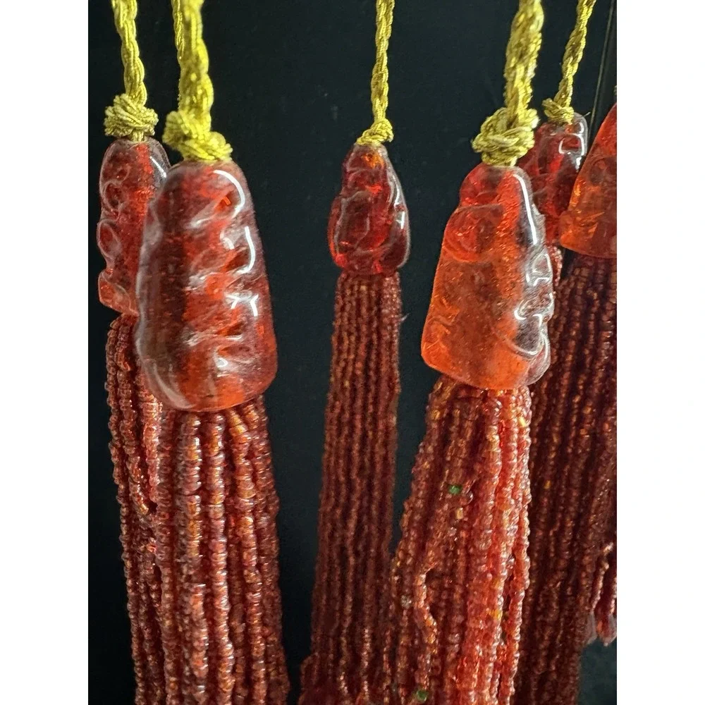 Lot Of 12 Red Glass‎ Bead Tassel Ornaments Vintage Christmas Gold String